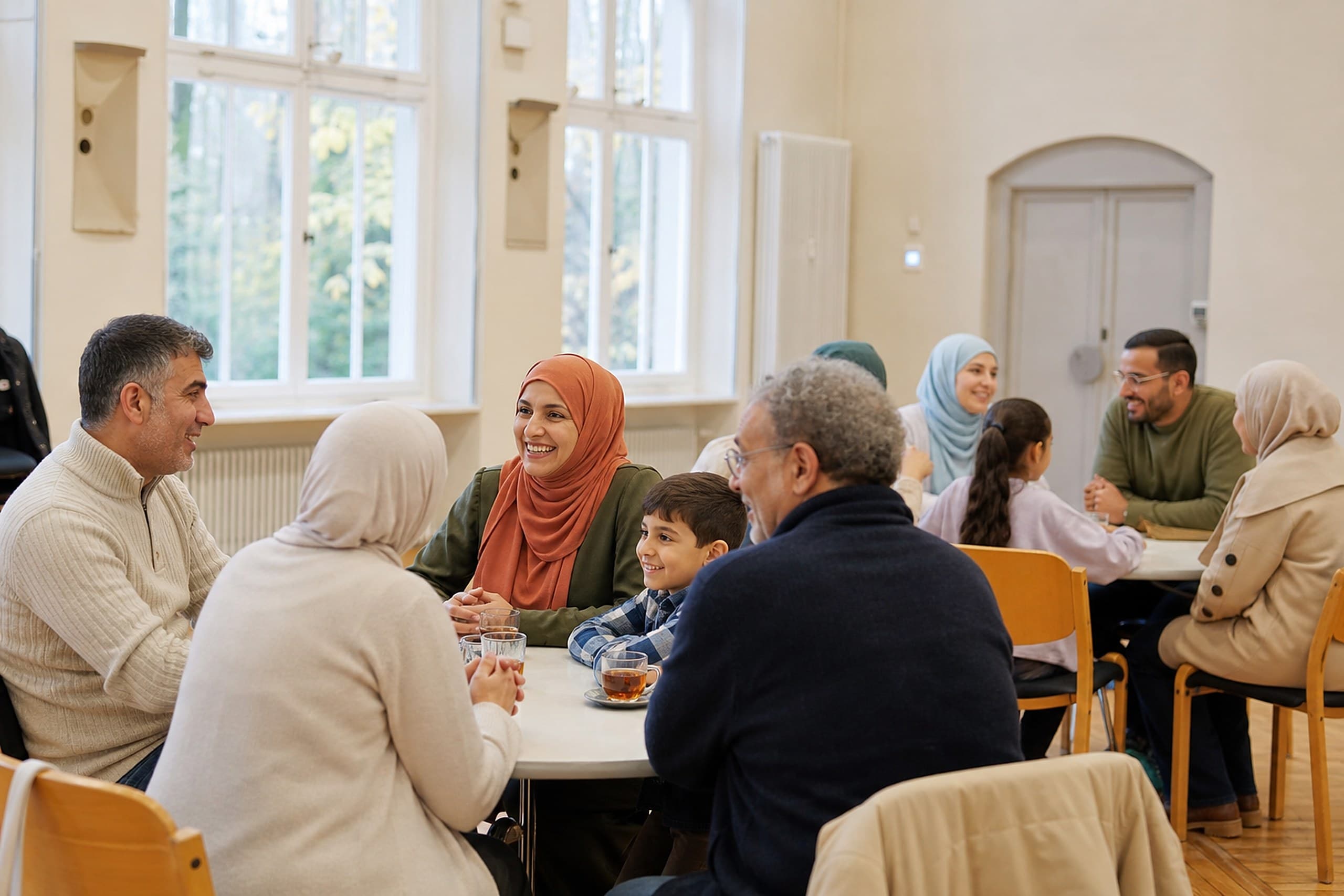 Menschen verschiedener Generationen sitzen bei Tee zusammen und unterhalten sich im Gemeindesaal